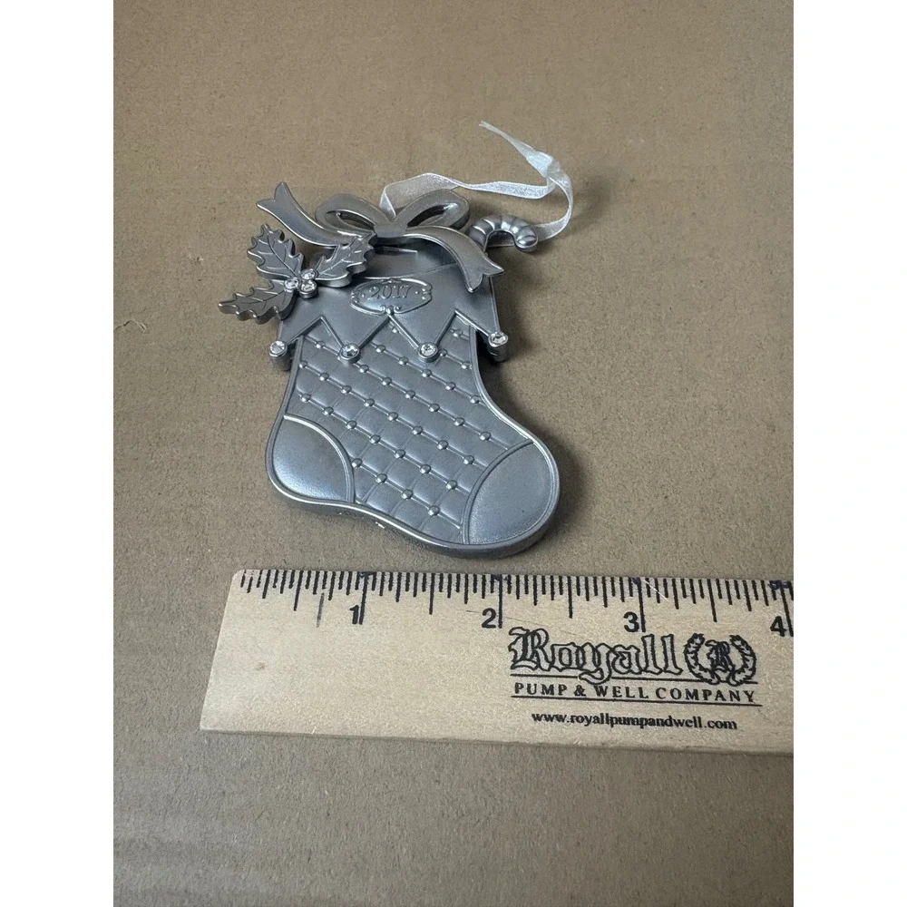 2017 Christmas Ornament‎ Stocking Metal Dated Candy Cane Silver Tone Hanging